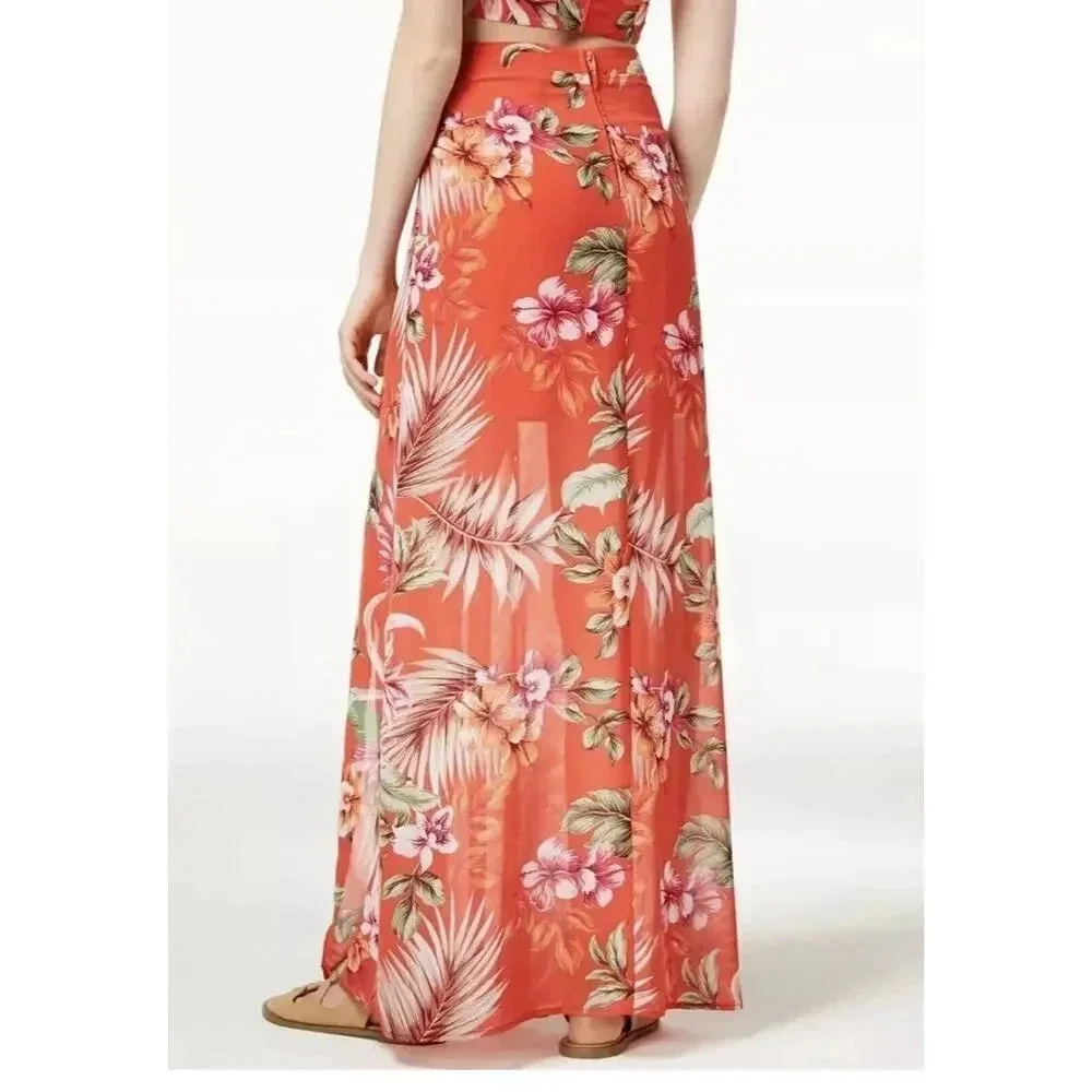 City Studio Women's 7/M Pink Floral Double-Slit Maxi Skirt Beach Summer Vacation
